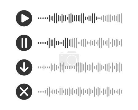 Illustration for Voice message icons. Audio chat elements with playing, paused, downloading buttons and speech waves isolated on white background. Messenger, podcast mobile app interface. Vector graphic illustration - Royalty Free Image