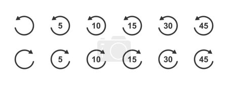 Ilustración de Rebobinar e iconos de avance rápido con flechas de círculo y números de 5, 10, 15, 30 segundos. Repetir redondo y los botones siguientes aislados sobre fondo blanco. Elementos de reproducción del reproductor establecidos. ilustración gráfica vectorial - Imagen libre de derechos