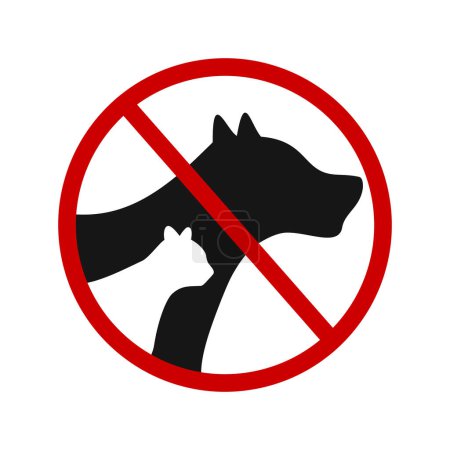 Illustration for No pets allowed icon. Dogs or cats prohibited symbol. Animals ban zone pictogram. Canine and feline silhouettes in red forbidden sign isolated on white background. Vector graphic illustration - Royalty Free Image