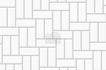 Illustration for White basket weave tile mosaic pattern. Causeway layout. Bathroom, shower or toilet floor decoration. Kitchen backsplash texture. Stone or ceramic brick wall background. Vector flat illustration - Royalty Free Image