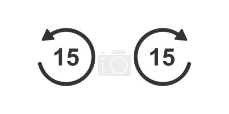Illustration for 15 seconds rewind and fast forward icons. Round repeat and next buttons with circle arrows isolated on white background. Audio or video player playback elements. Vector graphic illustration - Royalty Free Image