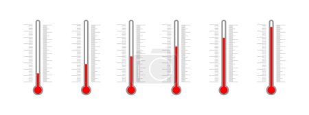 Ilustración de Set of meteorological thermometers with Celsius and Fahrenheit degree scales and glass tubes with different temperature indicators. Climate measuring tool templates. Vector flat illustration - Imagen libre de derechos