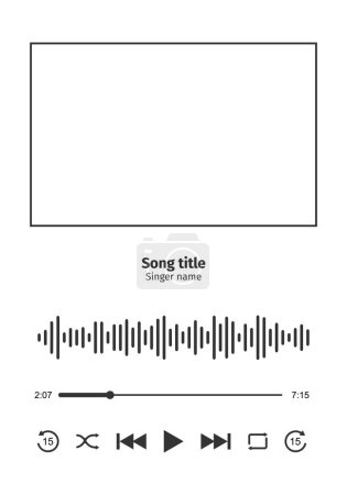 Illustration for Music player interface with frame for song cover, equalizer, loading progress bar with timer, buttoms shuffle, rewind, play, fast forward, repeat. MP3 player template. Vector graphic illustration - Royalty Free Image