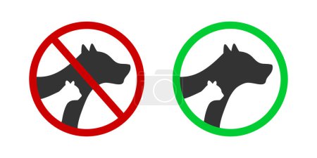 Illustration for Pets allowed and prohibiited icons. Dogs or cats banned or friendly zone labels. Canine and feline silhouettes in red forbidden and green permitted sign. Vector flat illustration - Royalty Free Image