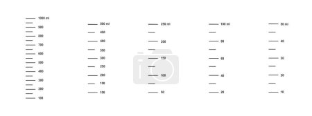 Illustration for Set of scales with 1 liter, 500, 250, 100 and 50 ml liquid volume for measuring cups to preparing cooking or chemical flasks isolated on white background. Vector outline illustration - Royalty Free Image
