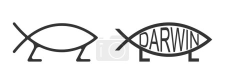 Ilustración de Darwin peces iconos. Ichthys muestra variaciones. Jesús peces símbolos de parodia aislados sobre fondo blanco. Concepto de creación evolutiva. ilustración gráfica vectorial. - Imagen libre de derechos