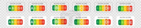 Illustration for Nutri-Score labels with classification letters on transparent background. Nutritional quality of foods stickers used in Europe products rating system. Vector flat illustration - Royalty Free Image