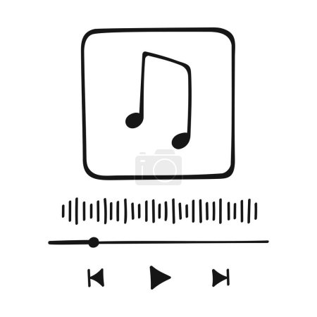 Music player interface in doodle style with buttoms, loading bar, sound wave sign and frame for album photo. Hand drawn audio player template. Vector graphic illustration.