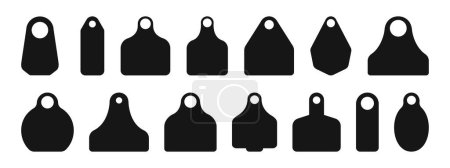 Ear tags for cattle. Set of blank black identification labels for farm animals isolated on white background. Collection of earmark mockups for livestock. Vector illustration