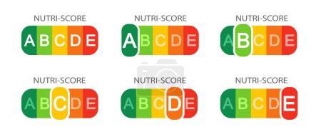 Illustration for Set of Nutri-Score labels with classification letters isolated on white background. Nutritional quality of foods stickers used in EU products rating system. Vector flat illustration - Royalty Free Image
