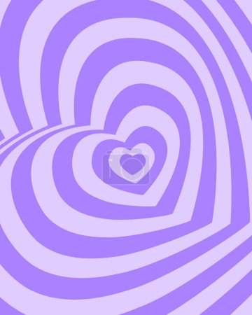 Ilustración de Cartel con corazones giratorios repetitivos de color púrpura en el moderno diseño retro de los años 2000. Groovy patrón psicodélico en el estilo femenino y2k. Lindo vector plano ilustración en colores pastel. - Imagen libre de derechos