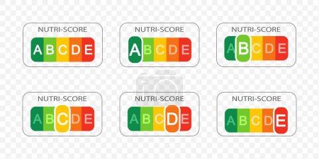 Illustration for Collection of Nutri Score labels with gradation letters on transparent background. Nutritional quality of foods stickers used in Europe products rating system. Vector flat illustration - Royalty Free Image