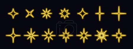 Illustration for Bright golden neon stars, sparkles, twinkles, blings icons isolated on dark background. Illuminated led signs for disco music party, night club, casino, cinema, cafe. Modern shiny signboards. - Royalty Free Image