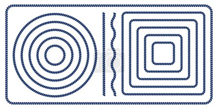 Conjunto de marcos de cuerda redondos y cuadrados, bordes de cuerda rectos y ondulados aislados sobre fondo blanco. Hilo, hilo, yute, elementos de cable. Marítimo, yate, mar, adornos oceánicos. Ilustración plana del vector