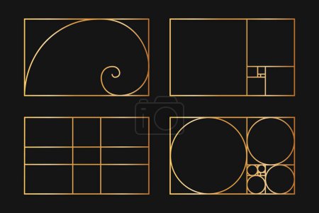 Illustration for Collection of golden ratio templates. Logarithmic spiral. Fibonacci sequence as rectangle frames divided on lines, squares and circles. Perfect nature symmetry proportions grids. Vector illustration - Royalty Free Image