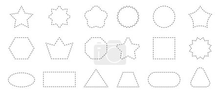 Illustration for Set of geometric shapes with dashed lines. Dotted circle, square, rectangle, oval, star, crown and triangle figures isolated on white background. Cut here pictograms. Vector outline illustration. - Royalty Free Image