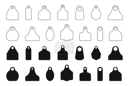 Eartags for cattle. Set of empty identification labels for farm animals isolated on white background. Collection of earmark mockups for livestock. Pets ID tags. Vector flat and outline illustration.