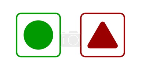 Grüner Punkt und rotes Dreieck in Quadraten isoliert auf weißem Hintergrund. Vegetarische und nicht-vegetarische Symbole. Vegane Lebensmittel-Aufkleber. Vektorflache Illustration.