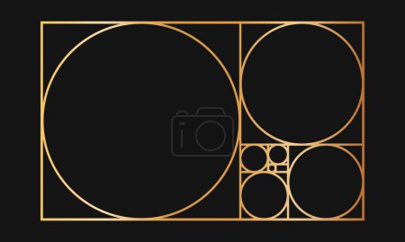 Illustration for Golden ratio template. Gold-colored rectangle frame divided into squares and circles. Fibonacci sequence grid. Ideal nature symmetry proportions layout. Vector illustration. - Royalty Free Image
