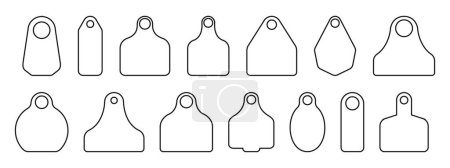 Ear tags for cattle. Set of identification labels for farm animals. Collection of earmark mockups for livestock isolated on white background. Vector outline illustration.