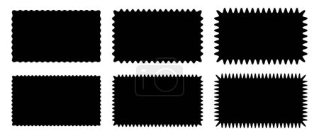 Illustration for Set or rectangle shapes with wiggly borders. Empty tag, price sticker, stamp, sale coupon, promo code label templates with wavy edges isolated on white background. Vector flat illustration. - Royalty Free Image