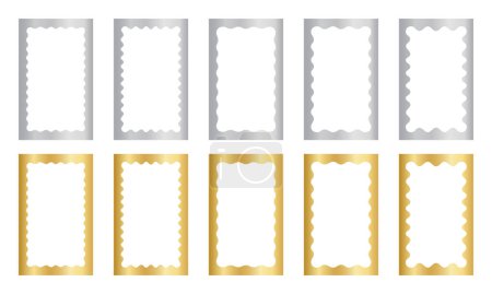 Illustration for Set of gold rectangle mirror, photo or picture frames with wavy inner borders. Golden rectangular undulate design elements, stickers or tags isolated on white background. Vector illustration. - Royalty Free Image