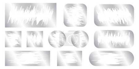 Set of silver scratch card surfaces with scraped textures isolated on white background. Collection of metallic scratchcards, lotto winner, money prize or sale coupon templates. Vector illustration.