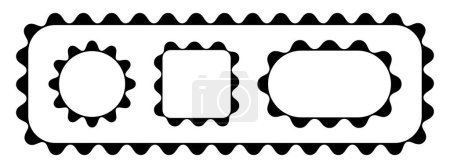 Set of round, square, rectangle and oval frames with scalloped borders. Tags, labels, stickers or text boxes templates with wavy edges isolated on white background. Vector graphic illustration.