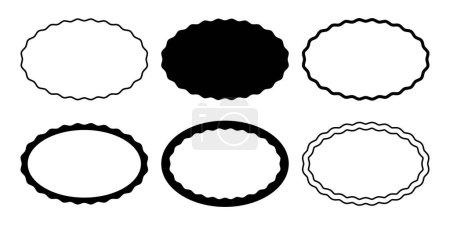 Illustration for Set of oval frames with wavy edges. Ellipse shapes with undulated borders. Wiggly vignettes, mirrors, empty text boxes, tags, labels isolated on white background. Vector graphic illustration. - Royalty Free Image