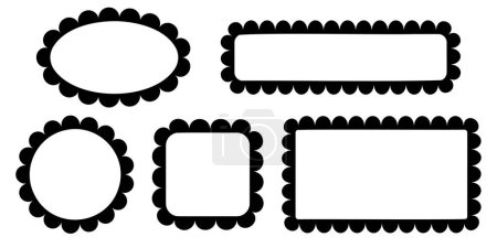 Ilustración de Conjunto de marcos redondos, cuadrados, rectángulos y ovalados con bordes de vieira. Etiquetas, etiquetas, cuadros de texto o plantillas de pegatinas con bordes ondulados aislados sobre fondo blanco. ilustración gráfica vectorial. - Imagen libre de derechos