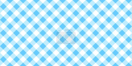 Blue and white diagonal gingham pattern. Tablecloth, picnic plaid, basket napkin, towel or handkerchief print. Cotton, linen or flannel textile design. Checkered background. Vector flat illustration.