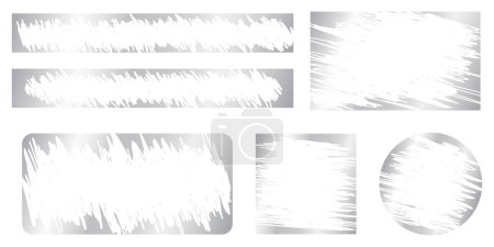 Set of silver scratch card surfaces with scraped textures. Collection of metallic scratchcards, lottery winner, money prize or sale coupon templates isolated on white background. Vector illustration.