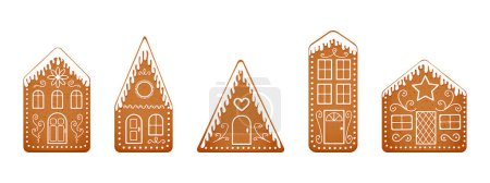 Illustration for Set of icing glazed gingerbread houses cookies. Gnger bread town isolated on white background. Cute Christmas pastries. New Year sweet treats. Vector cartoon illustration. - Royalty Free Image