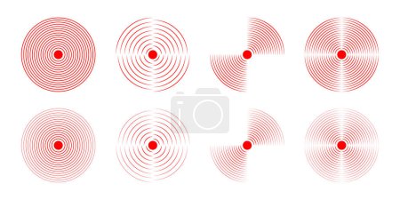 Set of red concentric circles. Pain localization icons. Sore or inflammation symbols. Pulse, shockwave or vibration sign. Soundwave, coverage, radar or sonar signal pictograms. Vector illustration.