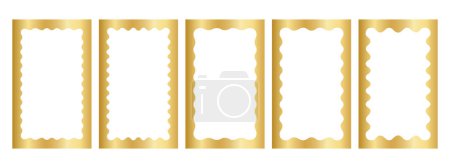 Set of gold rectangle frames with wavy inner borders. Mirror, photo or picture frameworks in luxury style. Golden rectangular boxes, tags or labels isolated on white background. Vector illustration.