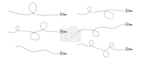 Set of paper plane icons with route dashed lines. Travel, journey or business trip concept. Message symbols. Delivery, destination or freedom signs isolated on white background. Vector illustration.