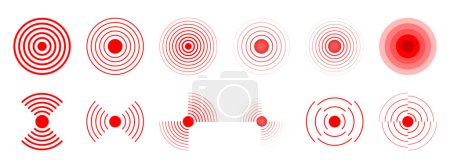 Pain localization icons. Red concentric circles. Sore or inflammation symbols. Pulse or headache signs. Shockwave, radar or sound signal pictograms isolated on white background. Vector illustration.