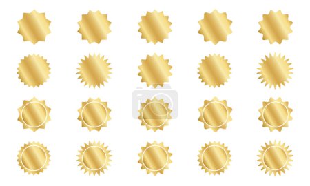 Illustration for Set of gold round stickers with wavy borders. Shining golden curvy labels, quality badges, price tags, stamps, sale offer shapes isolated on white background. Vector realistic illustration. - Royalty Free Image