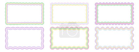Set of colorful rectangle frames with wiggly edges. Rectangular shapes with wavy borders. Mirror, picture or photo vignettes, empty text boxes, tags or labels design elements. Vector illustration.