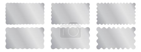 Set of silver rectangle stickers with wavy borders. Shining labels, badges, price tags, coupons or stamps curved rectangular shapes isolated on white background. Vector realistic illustration.