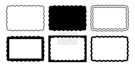 Set of rectangle frames with wavy edges. Rectangular shapes with squiggly borders. Mirror, picture or photo frames, empty text boxes, banners, tags or labels. Vector graphic illustration.