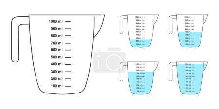 Set of empty and water filled measuring cups with 1 liter volume. Liquid containers for cooking or chemical experiment with fluid capacity scale isolated on white background. Vector flat illustration.