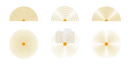 Concentric orange circles and semicircles. Sunburst, sunrise or sunset icons set. Pain localization signs. Shockwave or vibration symbols. Sound, radar or sonar wave pictograms. Vector illustration.