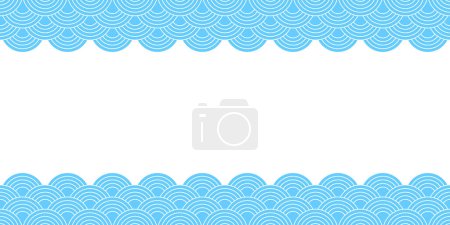 Seigaiha background with empty space. Blue and white waves or clouds pattern. Sea or ocean scallops print. Fish squama or dragon scale. Geometric ornament with round shapes. Vector flat illustration.