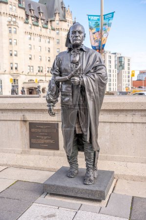 Photo for Ottawa, Ontario - October 19, 2022: The Valiants Memorial in Ottawa which commemorates fourteen figures from military history of Canada, here Thayendanegea (Joseph Brant). - Royalty Free Image