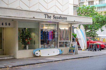 Photo for Honolulu, Hawaii - December 29, 2022: Star Beachboys surfboard rental shop in Waikiki. - Royalty Free Image