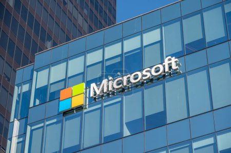 Photo for Vancouver, British Columbia - May 25, 2023: Microsoft logo on the side of a office building at sunset. - Royalty Free Image