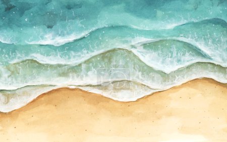 Téléchargez les photos : Aquarelle peinture des vagues océaniques atteignant le rivage. Plage vue dégagée sur le dessus turquoise. Plage d'été. - en image libre de droit