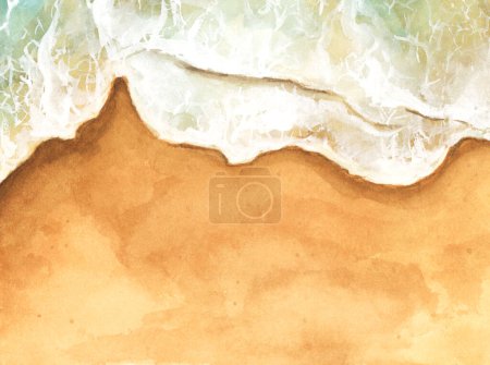 Téléchargez les photos : Aquarelle peinture des vagues océaniques atteignant le rivage. Plage vue dégagée sur le dessus turquoise. Plage d'été. - en image libre de droit