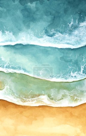 Photo for Watercolor painting of sea ocean waves reaching shore. Beach clear turquoise top view. Summer beach. - Royalty Free Image